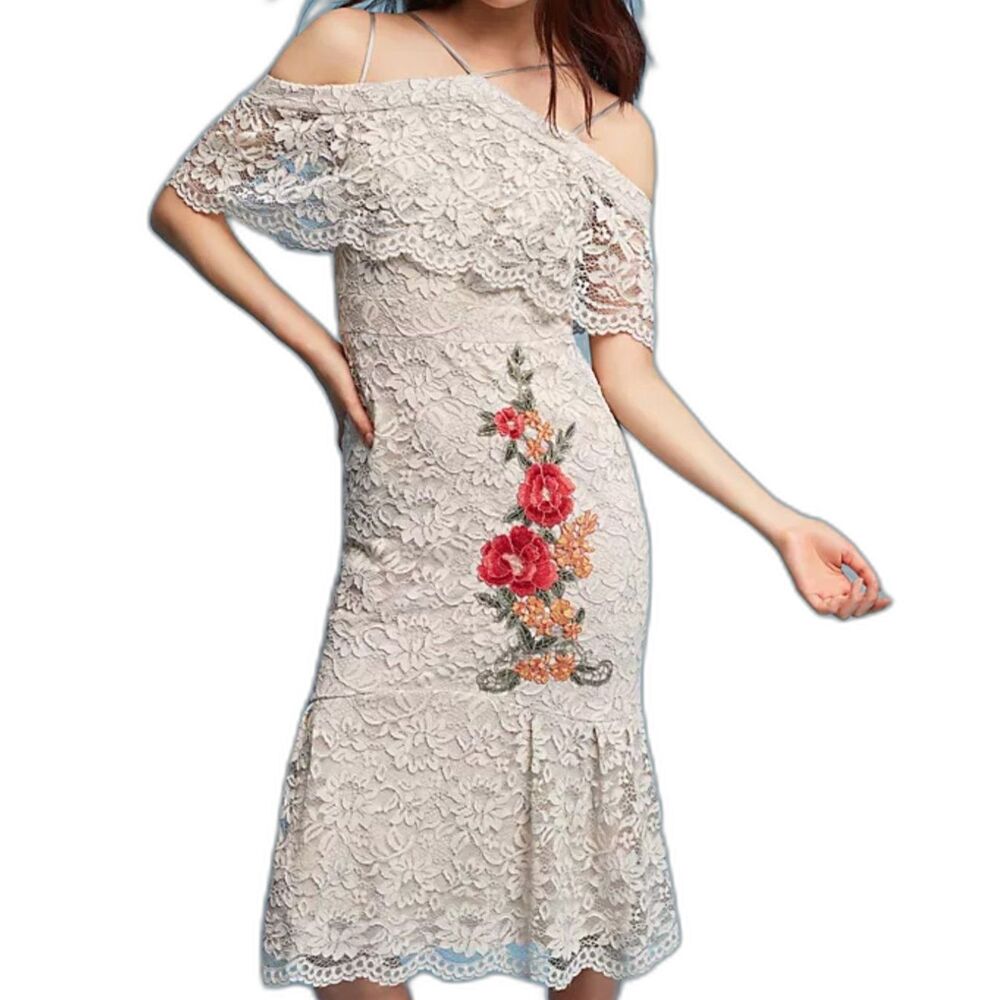 Nicole Miller Off Shoulder Floral Embroidered Lace Dress Ivory Size 14